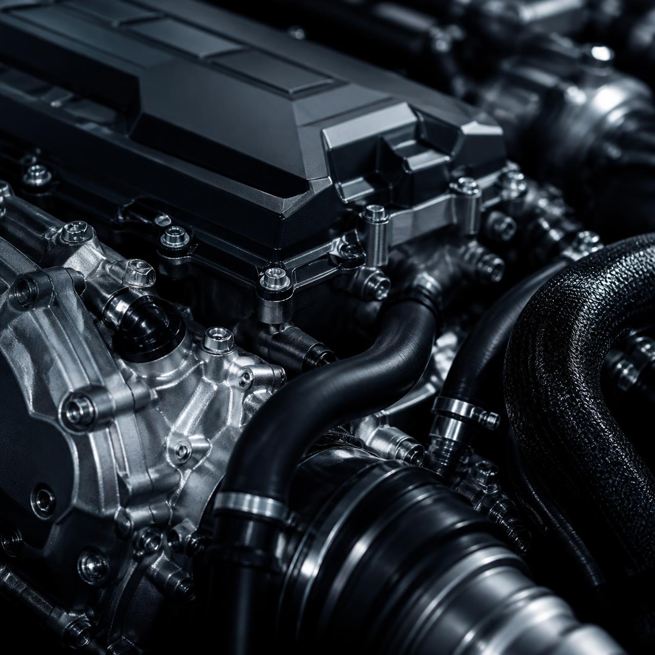 Detalhe técnico do vão do motor de um veículo, com componentes metálicos e mangueiras