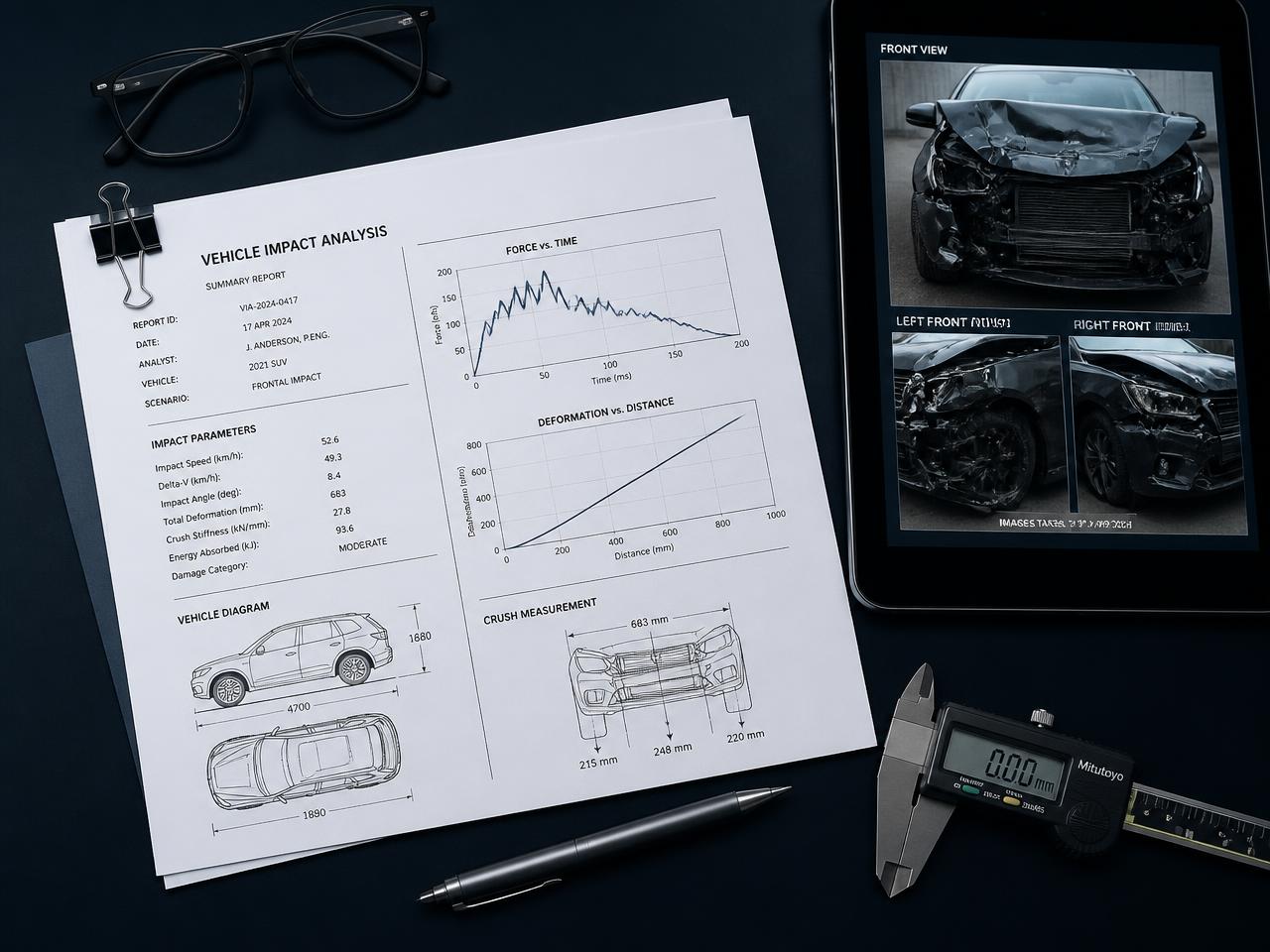 Mesa técnica vista de cima com laudo impresso, gráficos de medição, tablet com fotos da avaria e paquímetro